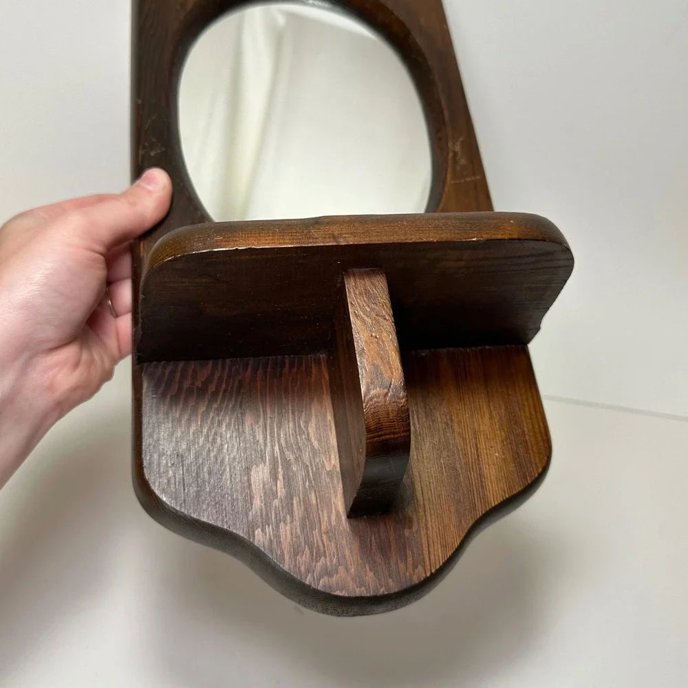 Vintage Wood Wall Mirror with Shelf Arched Dark Brown Rustic Entryway Decor